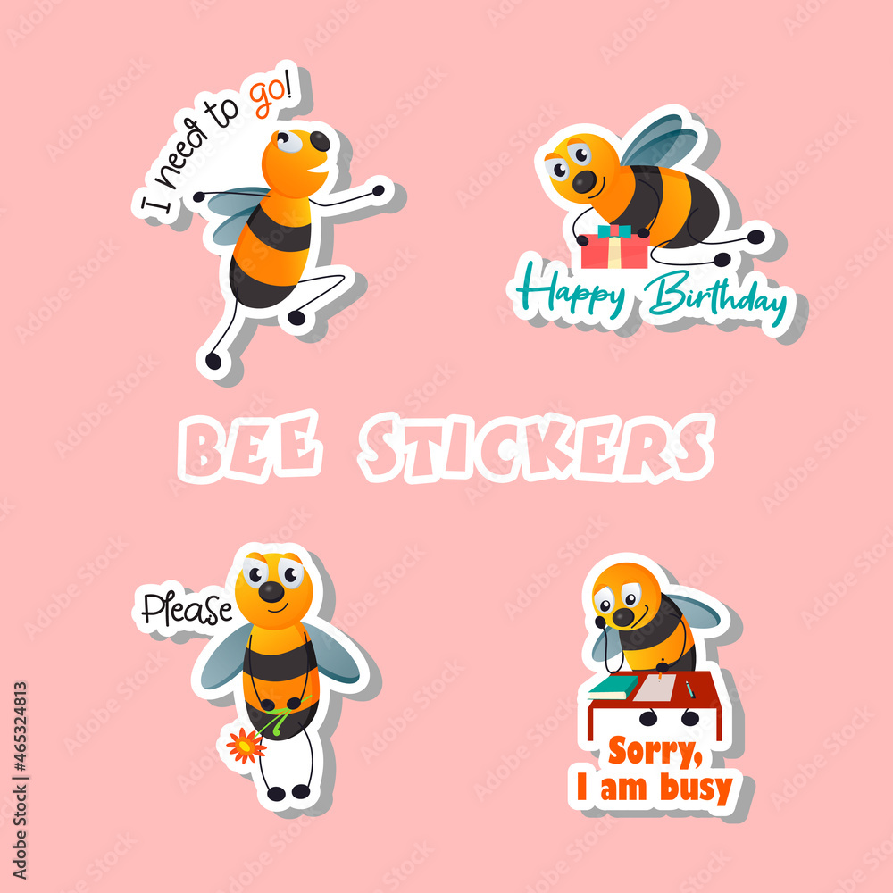 Fototapeta premium Cute bees sticker set.