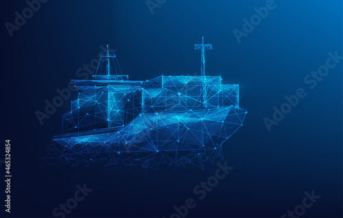 logistic cargo ship low poly wireframe. digital business worldwide shipping concept. technology business transport. isolated on blue dark background. vector illustration futuristic style.