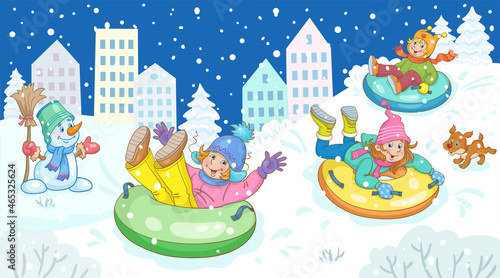 Winter activities. Cheerful children ride down the hill on snow tubes in the winter city. In cartoon style. Vector illustration.