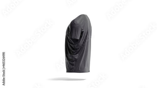 Blank black wrinkled t-shirt mock up, looped rotation, 3d rendering. Empty basic textile tshirt mockup, isolated on white background. Clear casual male apparel turnabout template.