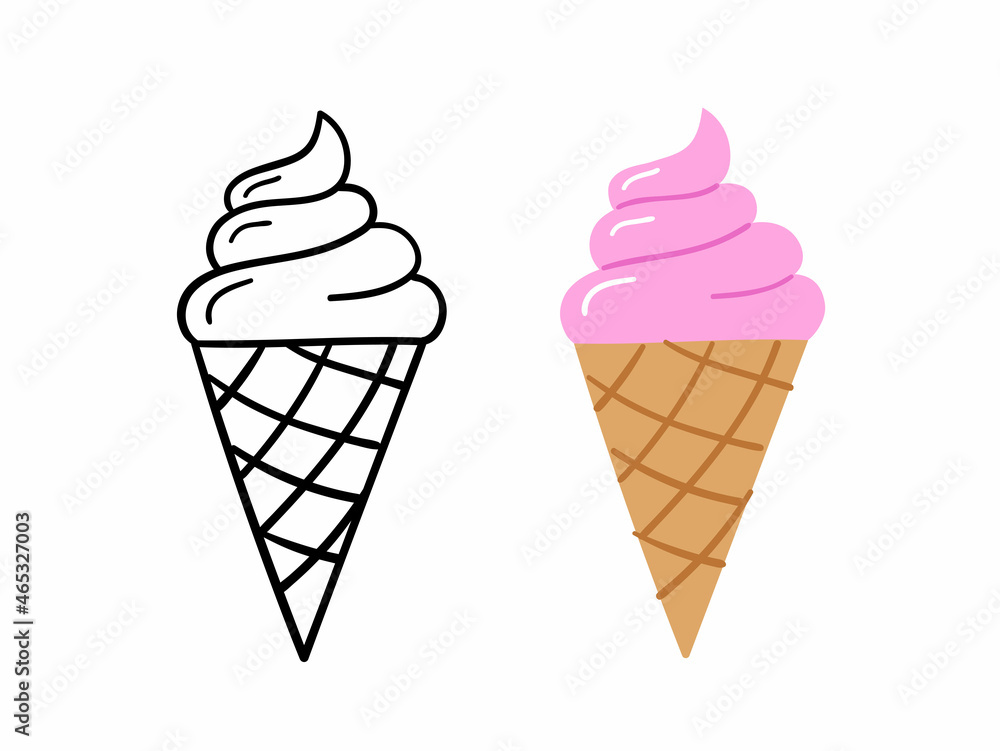 Hand drawn colored and linear ice cream. Vector illustration.