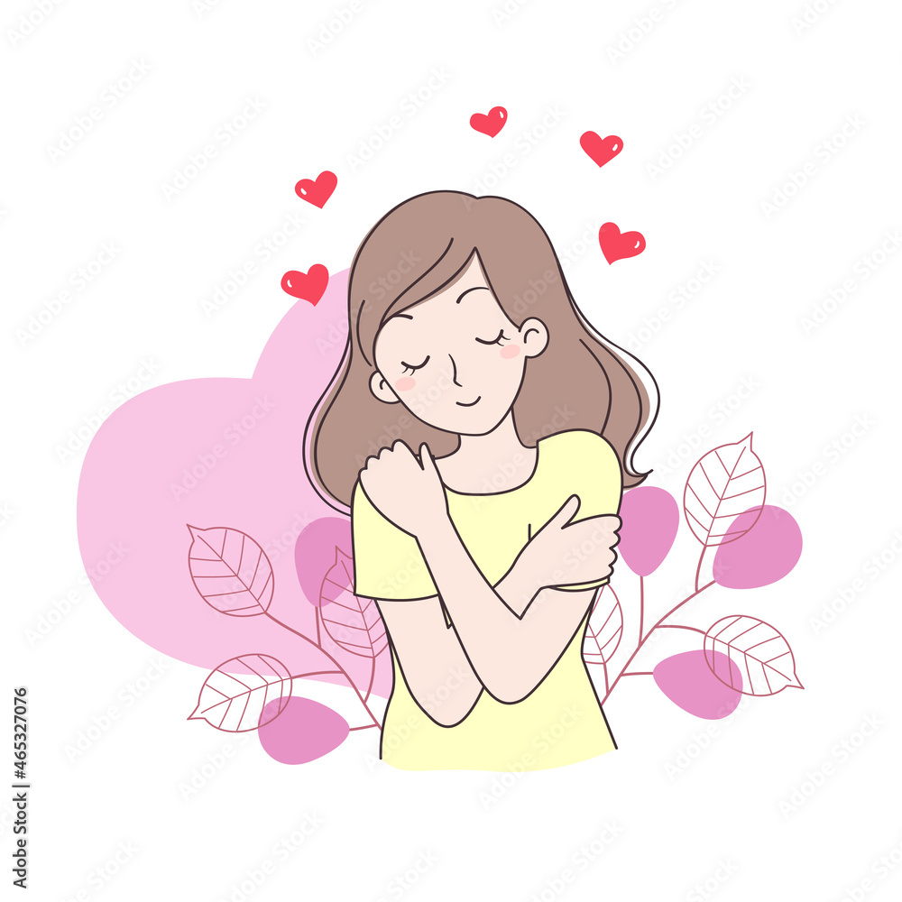 The girl hugging herself with both hands, with a love heart and leaves in the background. The girl hugging herself with both hands, with a love heart and leaves in the background.