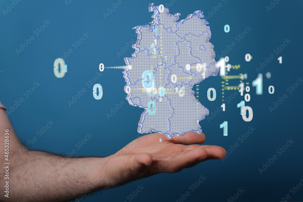 a virtual germany land map digital in hand 3d. a virtual germany land map digital in hand 3d.