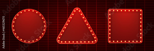 Retro light bulb or light vintage signboard on red wall background. Vector illustration