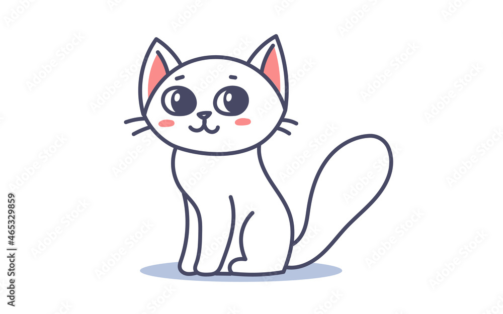 Vector illustration of happy cute cat character on white color background. Flat line art style design of sitting animal cat