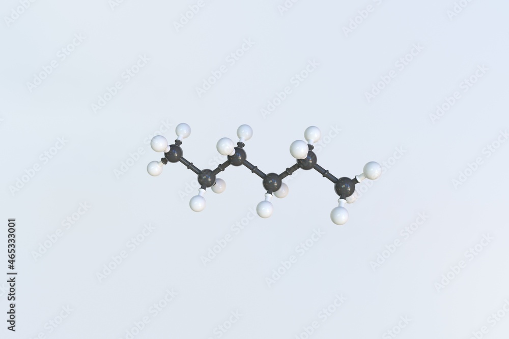 Hexane molecule made with balls, isolated molecular model. 3D rendering Hexane molecule made with balls, isolated molecular model. 3D rendering