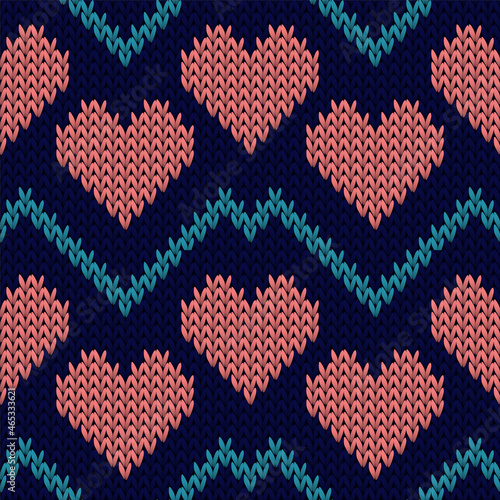 Hygge heart knit traditional vector seamless pattern. Knitwear imitation valentine