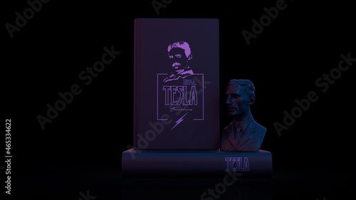 Nikola Tesla Buch [fiktiv] "Erfindungen" & Büste, neonfarbig beleuchtet vor dunklem Hintergrund | 3D Render Illustration