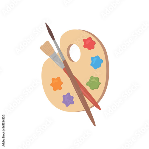 Wooden palette with paints and brushes. Vector illustration. © Nadzin