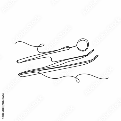 Vector continuous one single line drawing icon of dental instruments in silhouette on a white background. Linear stylized.