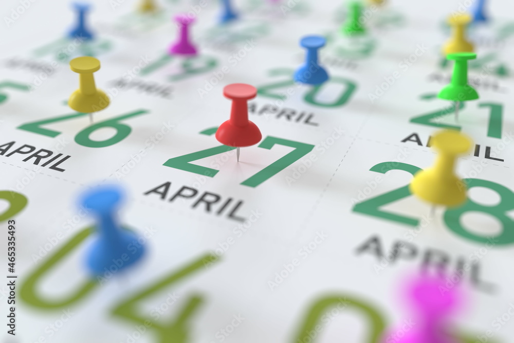 April 27 date and push pin on a calendar, 3D rendering April 27 date and push pin on a calendar, 3D rendering