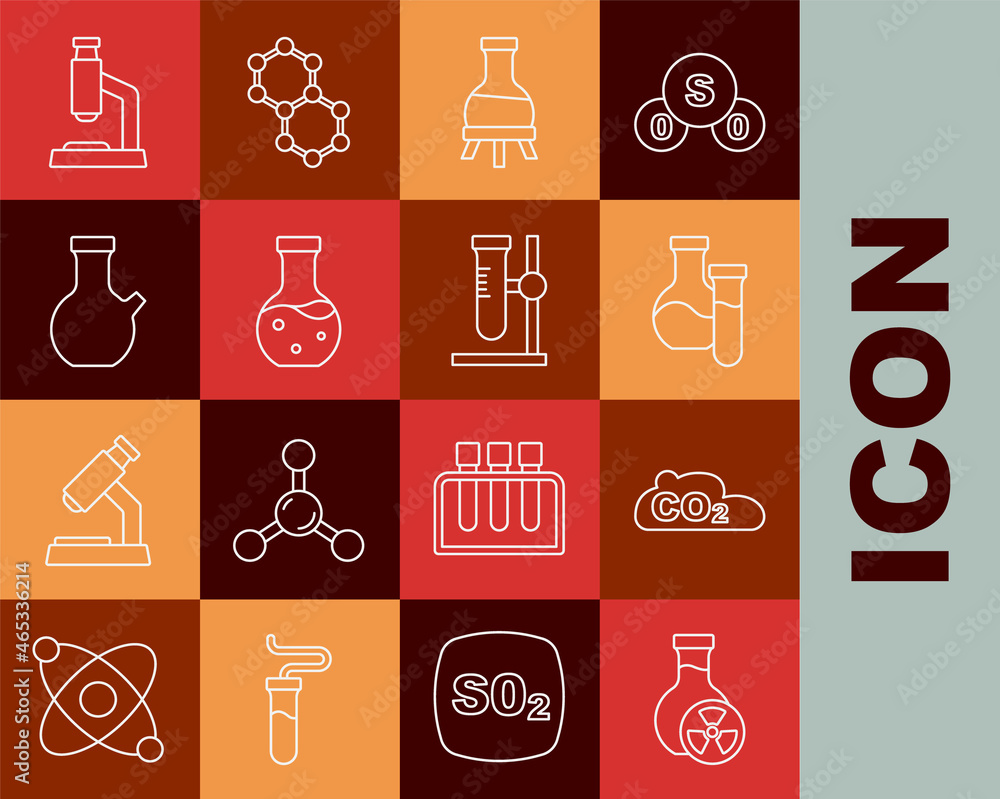 Set line Test tube with toxic liquid, CO2 emissions in cloud, Microscope and flask stand icon. Vector Set line Test tube with toxic liquid, CO2 emissions in cloud, Microscope and flask stand icon. Vector