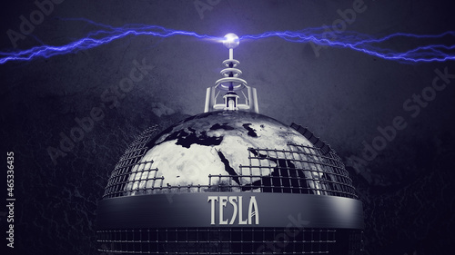 Teslaspule mit blauen elektr. Blitzen auf Erde/Globus [s/w] in metallischem Gitter | Konzept globale drahtlose Energieübertragung der Zukunft - Vision Freie Energie | 3D Render Illustration