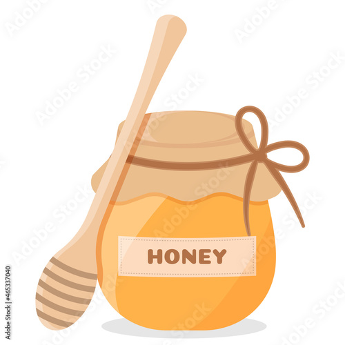 Jar with honey and stick isolated on white background