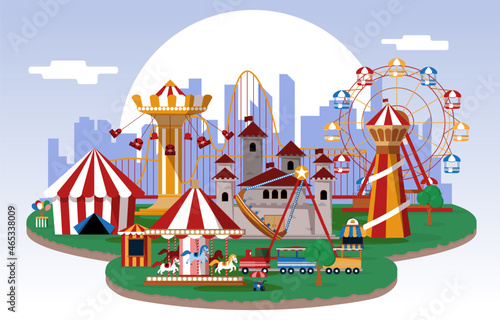 Sun Amusement Park Fun Fair Carnival Flat Vector Illustration