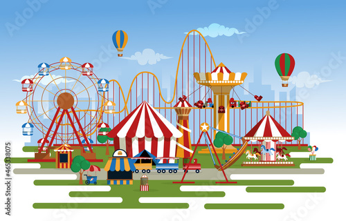 Amusement Park Rides Fun Fair Carnival Flat Vector Illustration