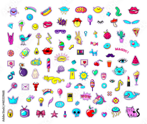 Bright trending stickers isolated on white background.