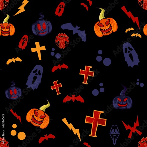 Halloween Background Seamless Pattern with Pumpkin, Ghost, Bat, Sign of The Cross and Lightning Sign. Isolated Vector Black Color.