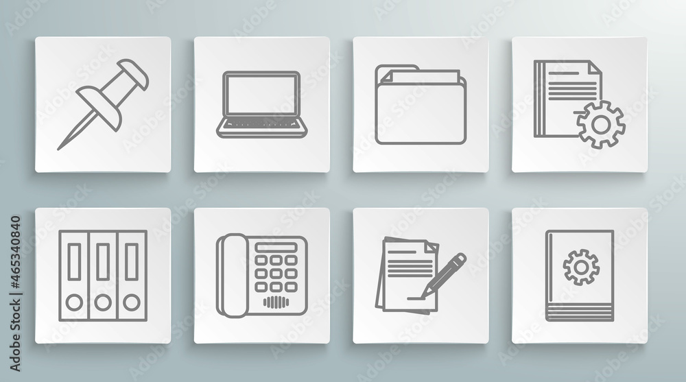 Set line Office folders with papers and documents, Laptop, Telephone, Blank notebook pencil eraser, User manual, Document, settings gears and Push pin icon. Vector Set line Office folders with papers and documents, Laptop, Telephone, Blank notebook pencil eraser, User manual, Document, settings gears and Push pin icon. Vector