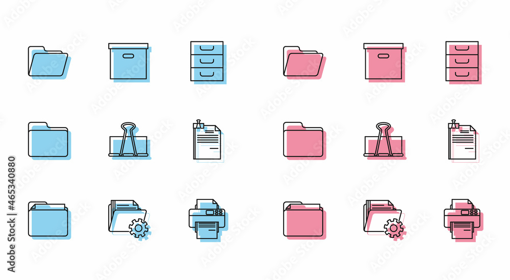Set line Document folder, Folder settings with gears, Printer, Binder clip, File document and binder, and Carton cardboard box icon. Vector Set line Document folder, Folder settings with gears, Printer, Binder clip, File document and binder, and Carton cardboard box icon. Vector