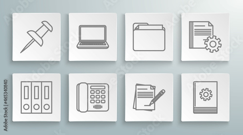 Set line Office folders with papers and documents, Laptop, Telephone, Blank notebook pencil eraser, User manual, Document, settings gears and Push pin icon. Vector