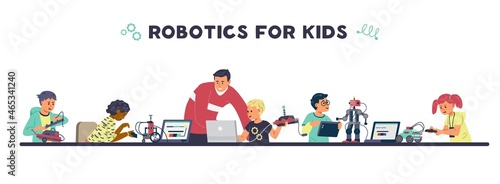 Robotics for kids horizontal vector banner. Children with teacher engineering and programming robots.
