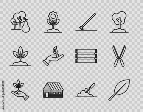 Set line Plant in hand of environmental protection, Garden rake work, Farm house, Tree with pears, Sprout, trowel spade shovel the ground and Gardening handmade scissors for trimming icon. Vector