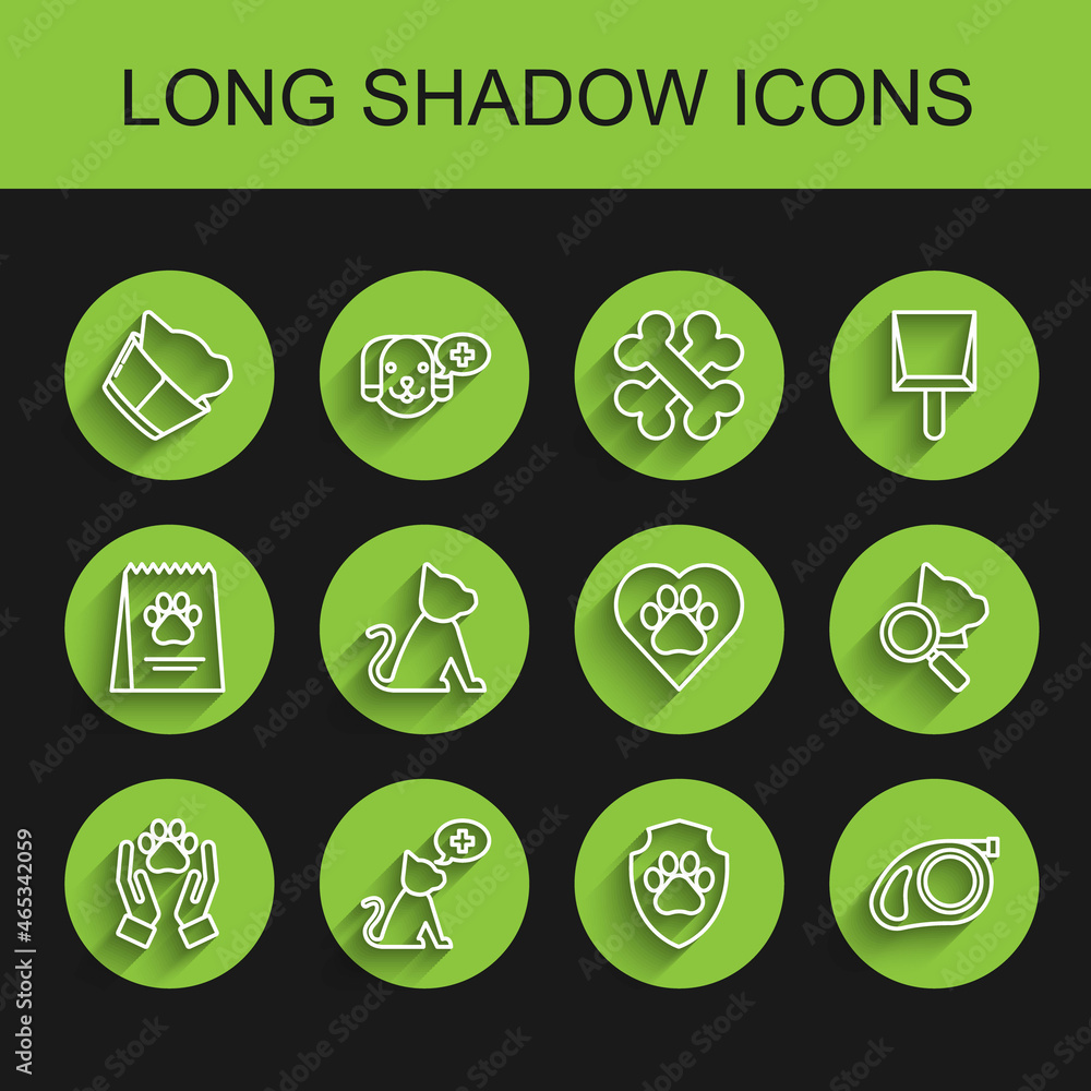 Set line Hands with animals footprint, Veterinary clinic symbol, Animal health insurance, Retractable cord leash carabiner, Cat, and Heart icon. Vector Set line Hands with animals footprint, Veterinary clinic symbol, Animal health insurance, Retractable cord leash carabiner, Cat, and Heart icon. Vector