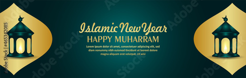 Happy muharram celebration banner or header with golden lantern and moon