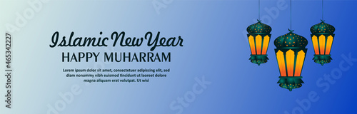 Islamic new year happy muharram invitation banner with flat lantern