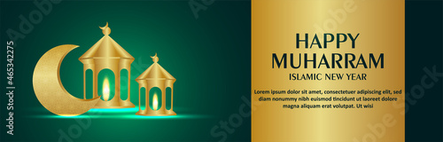 Happy muharram vector illustration with golden lantern and moon