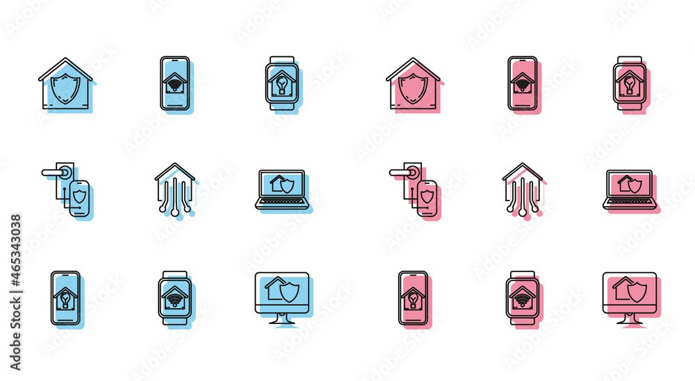 Set line Mobile phone with smart house and light bulb, Smart watch home wi-fi, House under protection, Computer monitor, Laptop, Digital door lock wireless technology for lock and icon. Vector Set line Mobile phone with smart house and light bulb, Smart watch home wi-fi, House under protection, Computer monitor, Laptop, Digital door lock wireless technology for lock and icon. Vector