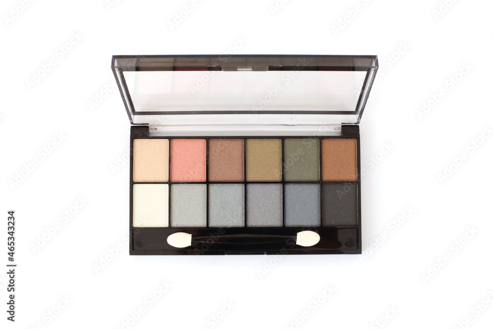 Box with eyeshadows, powder palette on white background. Box with eyeshadows, powder palette on white background.