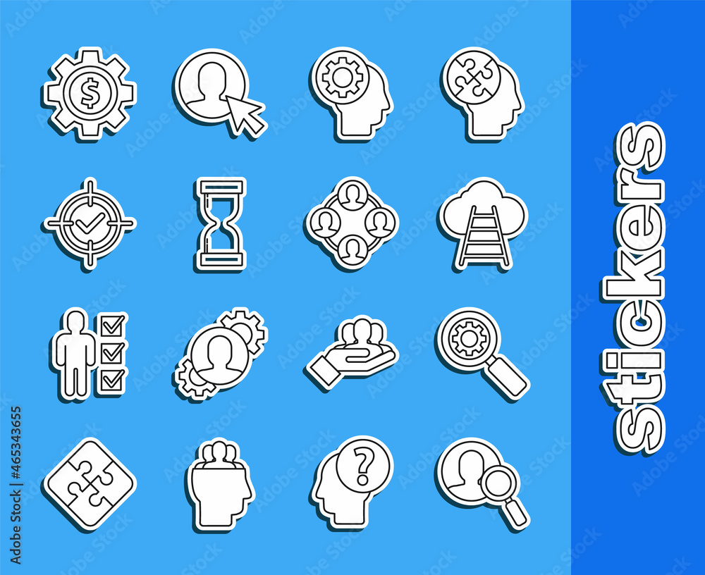 Set line Magnifying glass for search a people, Ladder leading to cloud, Human head with inside, Old hourglass flowing sand, Target check mark, Gear dollar symbol and Project team base icon. Vector Set line Magnifying glass for search a people, Ladder leading to cloud, Human head with inside, Old hourglass flowing sand, Target check mark, Gear dollar symbol and Project team base icon. Vector