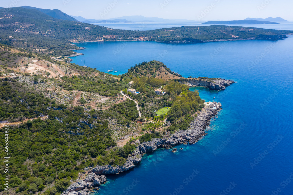 Aerial drone photo of iconic paradise sandy beach of Agiofili near port of Vasiliki. Lefkada island, Ionian, Greece