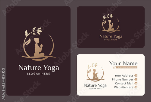 women yoga logo design combine with flower branch.