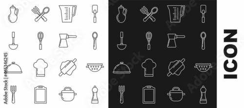 Set line Pepper, Kitchen colander, Spoon, Measuring cup, whisk, ladle, Bottle of olive oil and Coffee turk icon. Vector