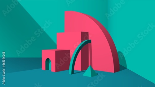 Abstract pink 3D objects or elements installation in the green room for a booklet of banner.