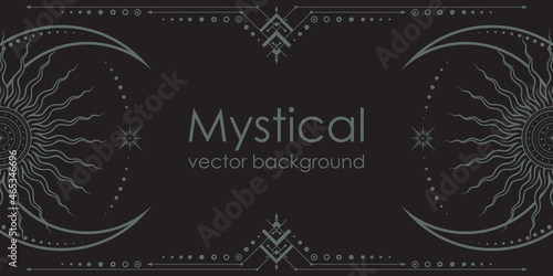 Dark boho background with a copy space. Mystical poster with an ornate geometric frame, outline crescents, linear sun with concentric circles and moon phases. Magical banner in with a place for text