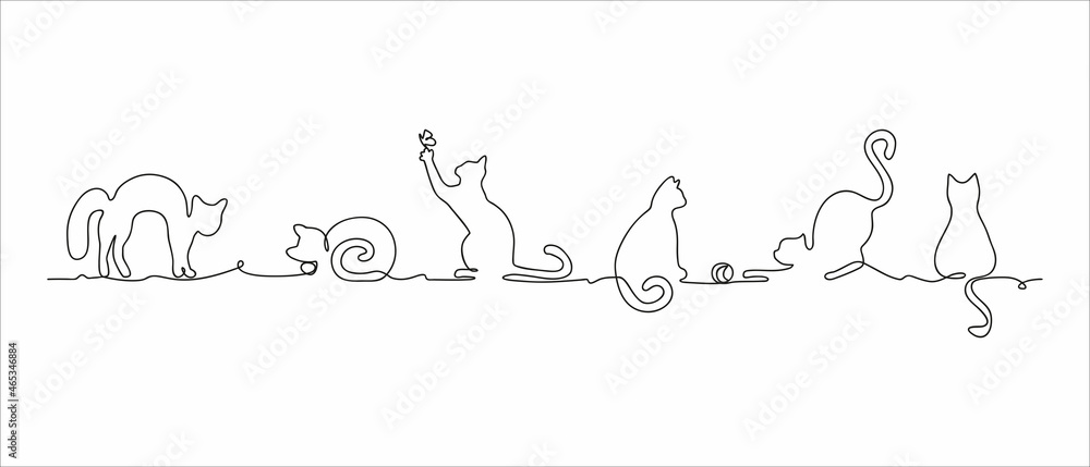 Fototapeta Vector silhouette drawing of cats on one continuous, сan be repeted. White background. Design for pet shop, veterinary clinic or kindergarten. Use for frame or border.