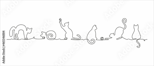 Vector silhouette drawing of cats on one continuous, сan be repeted. White background. Design for pet shop, veterinary clinic or kindergarten. Use for frame or border.
