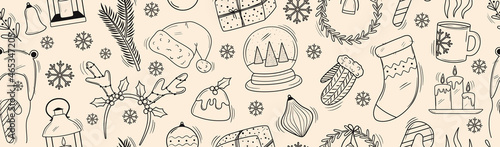 Christmas celebration background with doodle elements: sock, gift, deer antlers, candles, sweater, hat, wreath, decor. Winter sketch seamless pattern of cozy home objects. Hand drawn banner
