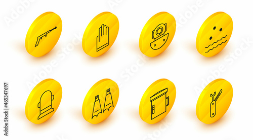 Set line Swiss army knife, Big flashlight for diver, Rubber flippers swimming, Buoy, Cold and waves, Aqualung, Gloves and Fishing harpoon icon. Vector