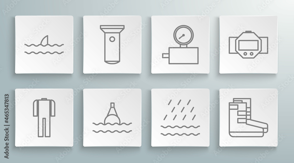 Set line Wetsuit for scuba diving, Flashlight, Floating buoy on the sea, Rain and waves, Boots, Gauge scale, Diving watch and Shark fin ocean icon. Vector Set line Wetsuit for scuba diving, Flashlight, Floating buoy on the sea, Rain and waves, Boots, Gauge scale, Diving watch and Shark fin ocean icon. Vector