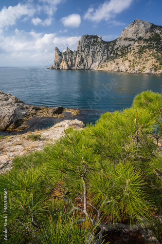 Landscape view of Karaul-Oba mountain and Blue bay in Crimea, New Light resort, Russian Federation