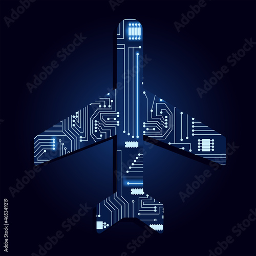 Plane symbol with a technological electronics circuit. Blue Background.