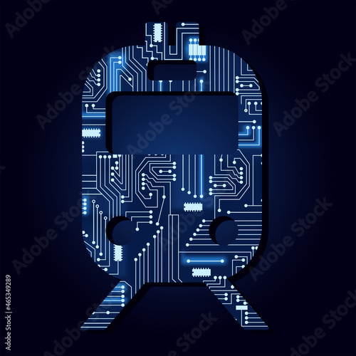 Train symbol with a technological electronics circuit. Blue background.