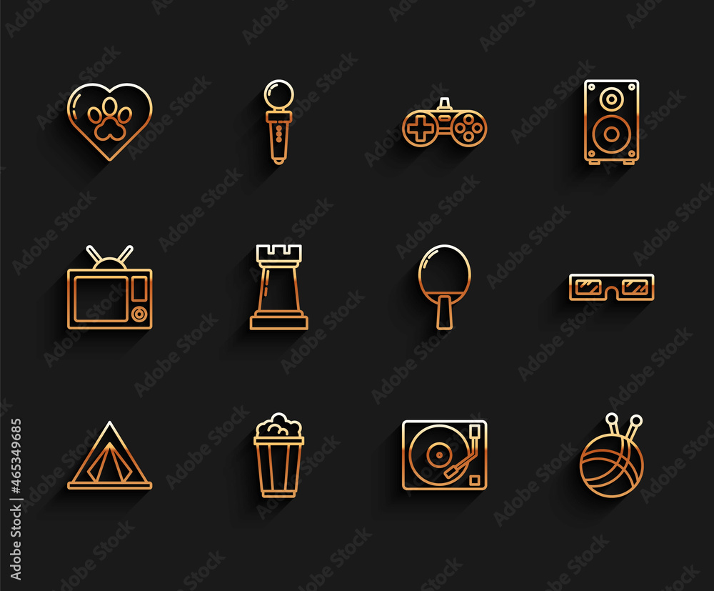 Set line Tourist tent, Heart with animals footprint, Vinyl player vinyl disk, Yarn ball knitting needles, Chess symbol, 3D cinema glasses and Racket for playing table tennis icon. Vector Set line Tourist tent, Heart with animals footprint, Vinyl player vinyl disk, Yarn ball knitting needles, Chess symbol, 3D cinema glasses and Racket for playing table tennis icon. Vector