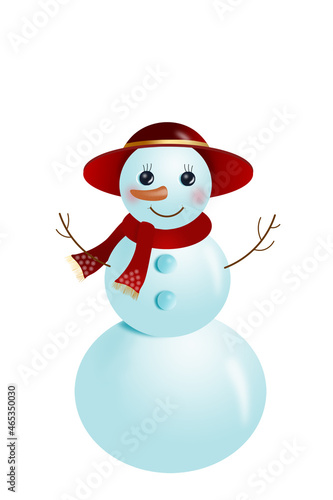 Snowman in a red hat with a carrot nose. Isolated.