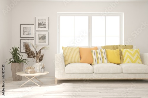 White living room with yellow sofa. Scandinavian interior design. 3D illustration © AntonSh